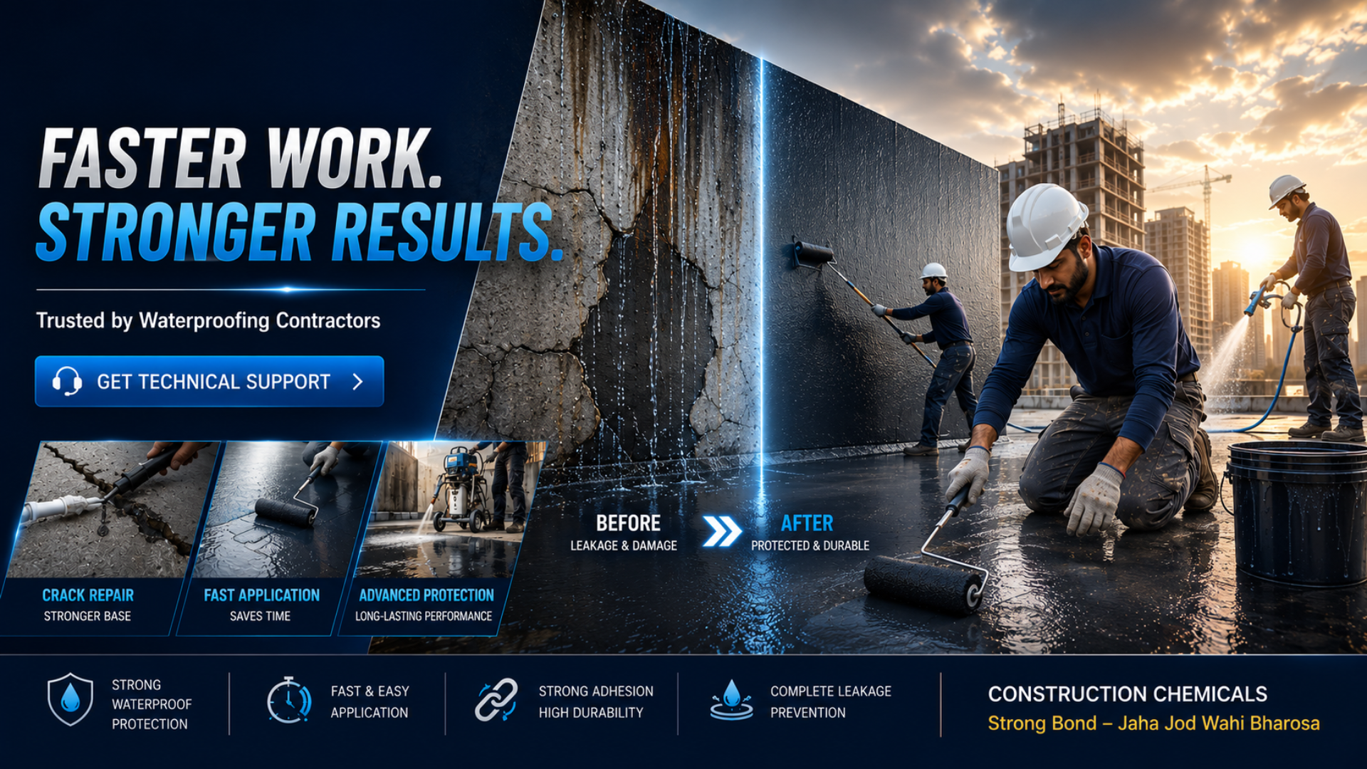 ADT Industries construction chemicals — waterproofing contractors applying crack repair and waterproof coating for faster work and stronger results