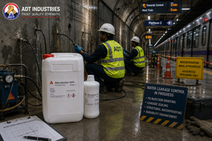 Hydrophilic PU injection grout Sika Injection-101H injected into actively leaking concrete crack — water-reactive foam seal India