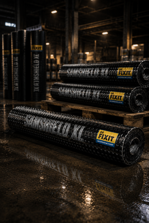 Dr Fixit Samshield XL 1500 IMP product close up 1.5mm — cross-laminated HDPE bitumen waterproofing membrane dual barrier protection India