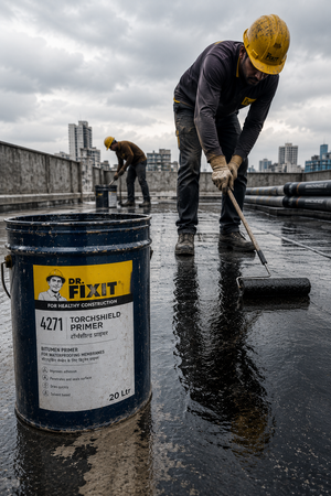 Dr Fixit Torchshield Primer product close up — bitumen primer specifications for APP torch-on waterproofing system India