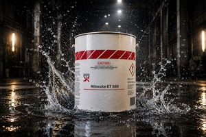Fosroc Nitocote ET 550 applied on concrete sewage channel — epoxy tar protective waterproofing coating chemical resistant India