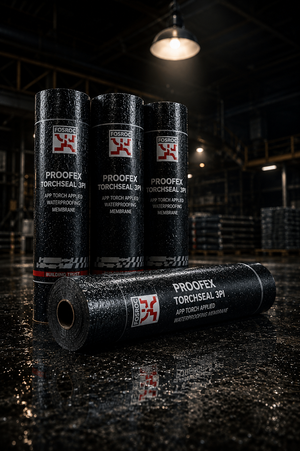 Fosroc Proofex Torchseal 3PI product packaging — APP modified bituminous waterproofing membrane for roof terrace basement India