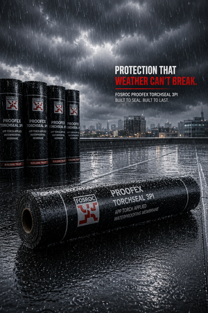 Fosroc Proofex Torchseal 3PI waterproofing solution — APP bitumen membrane for roof terrace basement structural waterproofing India