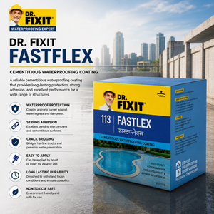 Dr. Fixit Fastflex cementitious waterproofing coating infographic showing features and uses