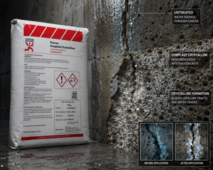 Fosroc Conplast Crystalline — self-sealing crystalline waterproofing material that reactivates on moisture contact for lifelong concrete protection