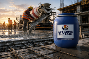 ADT Admix SNF 2040 concrete admixture drums at construction site