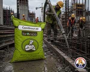 Bronco Chemgrout 60 poured into heavy machine base gap — 60MPa non-shrink cement grout industrial grouting India