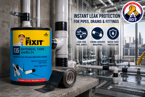Dr. Fixit Bathseal Tape wrapped around a pipe through a concrete slab