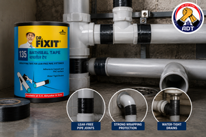 Dr. Fixit Bathseal Tape sealing a wall to floor joint in a bathroom