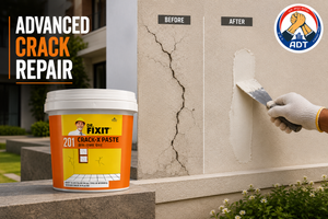 Ready-to-use crack filler paste DR. FIXIT CRACK-X PASTE being applied to hairline wall crack — surface crack repair India
