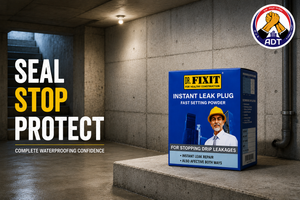 Dr. Fixit Instant Leak Plug sealing an active water leak in a masonry wall