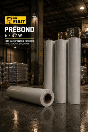 Dr Fixit Prebond HDPE membrane product close up — 500 percent flexibility 70m hydrostatic pressure waterproofing solution India