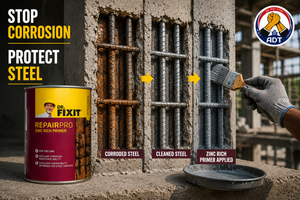 Dr. Fixit Zinc Rich Primer applied to stop corrosion and protect steel reinforcement during concrete repair India