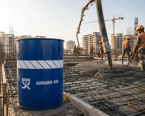 Fosroc Auramix 400 added to concrete mix — top-grade mid PC superplasticizer maximum workability high-strength concrete India