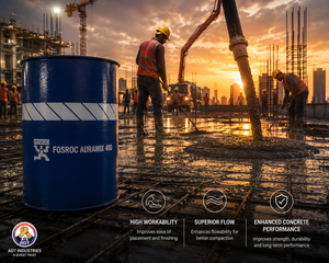 Fosroc Auramix 400 construction chemical — top-grade mid PC superplasticizer admixture concrete bleeding segregation water reduction India