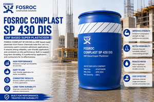 Fosroc Conplast SP 430 DIS SNF-based superplasticiser infographic showing features and uses