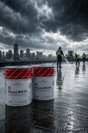 Fosroc Polyurea WH 200 388L product close up Dusty Grey RAL7037 — polyurea waterproofing chemical specifications Fosroc India