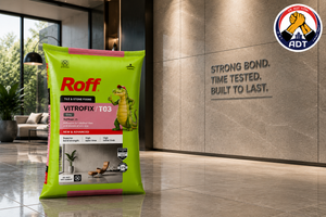 Roff T03 Vitrofix non-sag adhesive holding a heavy stone tile