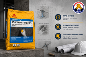 Sika MonoTop-108 Water Plug IN pressed into leaking concrete crack — fast-setting plug mortar stops running water leakage India