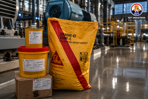 Non-shrink epoxy grout Sikadur-42 being poured under heavy machinery base plate — precision grouting compound void-free fill India