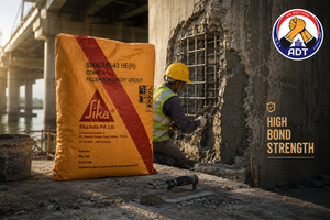 Thixotropic epoxy repair mortar Sikadur-43 applied to vertical concrete column face — non-sag structural repair India