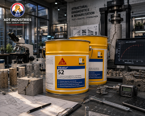 Low-viscosity epoxy injection grout Sikadur-52 being injected into structural concrete crack — full depth crack repair India