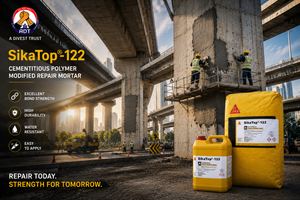 Two-component polymer-modified repair mortar SikaTop-122 being trowel-applied to damaged concrete surface — restoration India