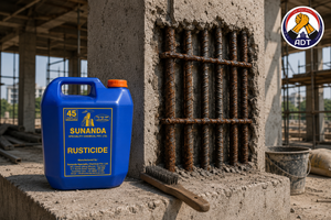 Sunanda Rusticide rust remover cans beside corroded steel reinforcement in a concrete column under repair India