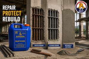 Sunanda Rusticide rust remover used to repair, protect and rebuild corroded reinforced concrete structures India