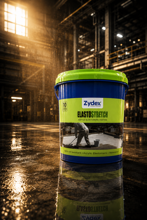 Zydex Elasto Stretch — durable high-elongation acrylic waterproofing chemical for wall seepage solution and permanent roof leakage prevention India
