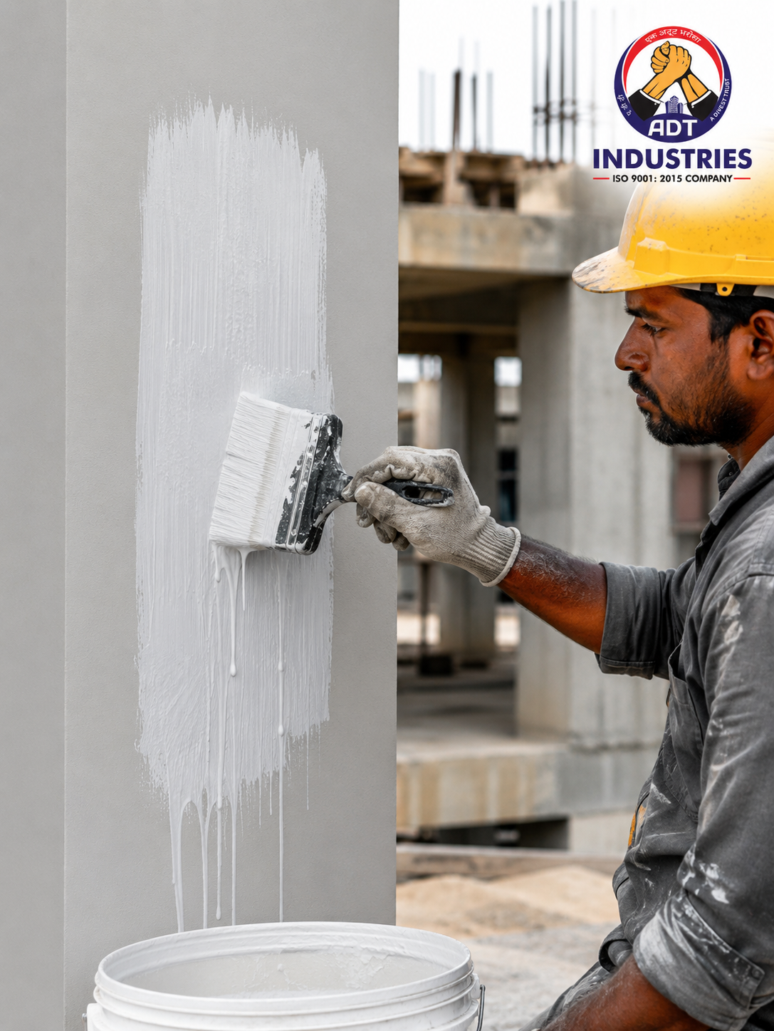 Construction worker applying polymer bonding agent slurry on weathered concrete column — professional-grade bonding chemical application India