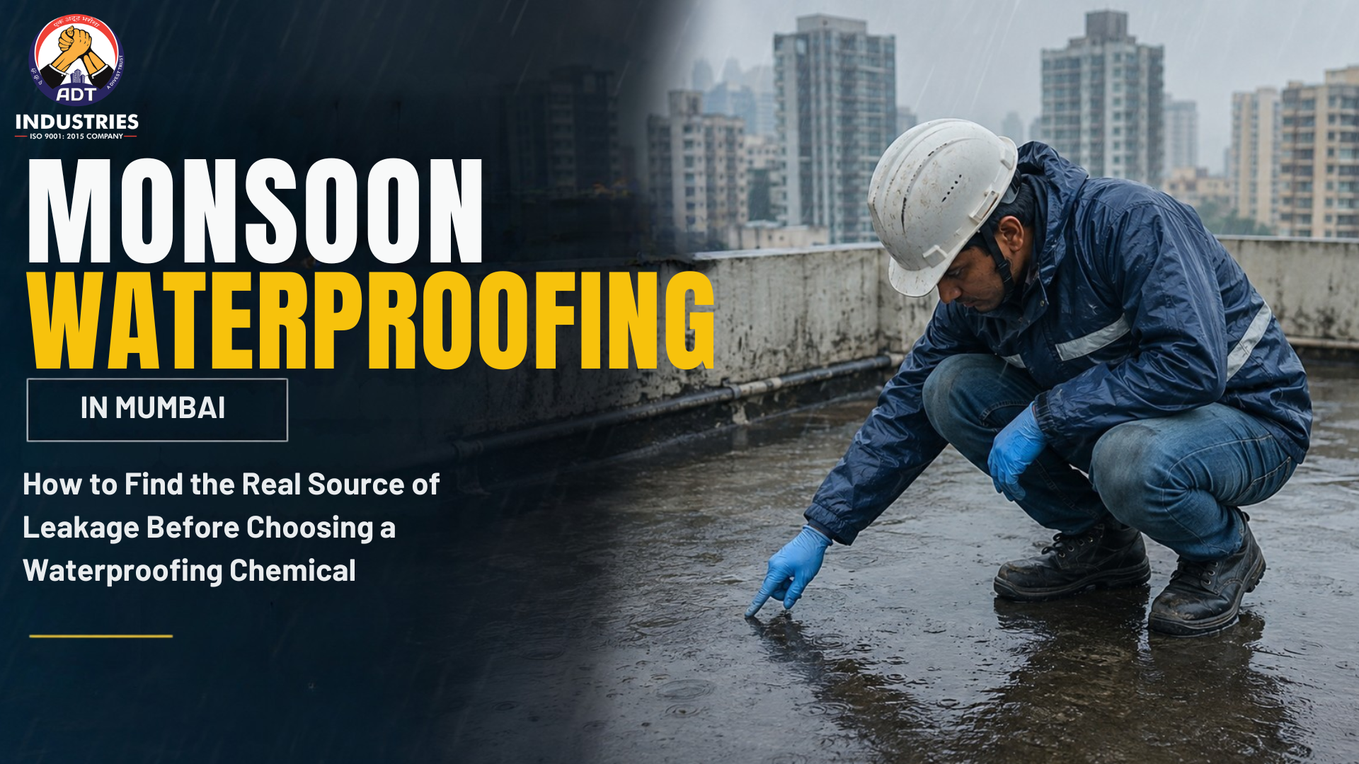 A waterproofing contractor inspecting a wet terrace during monsoon in Mumbai, with the city skyline in the background — ADT Industries guide on monsoon waterproofing and leakage source identification.