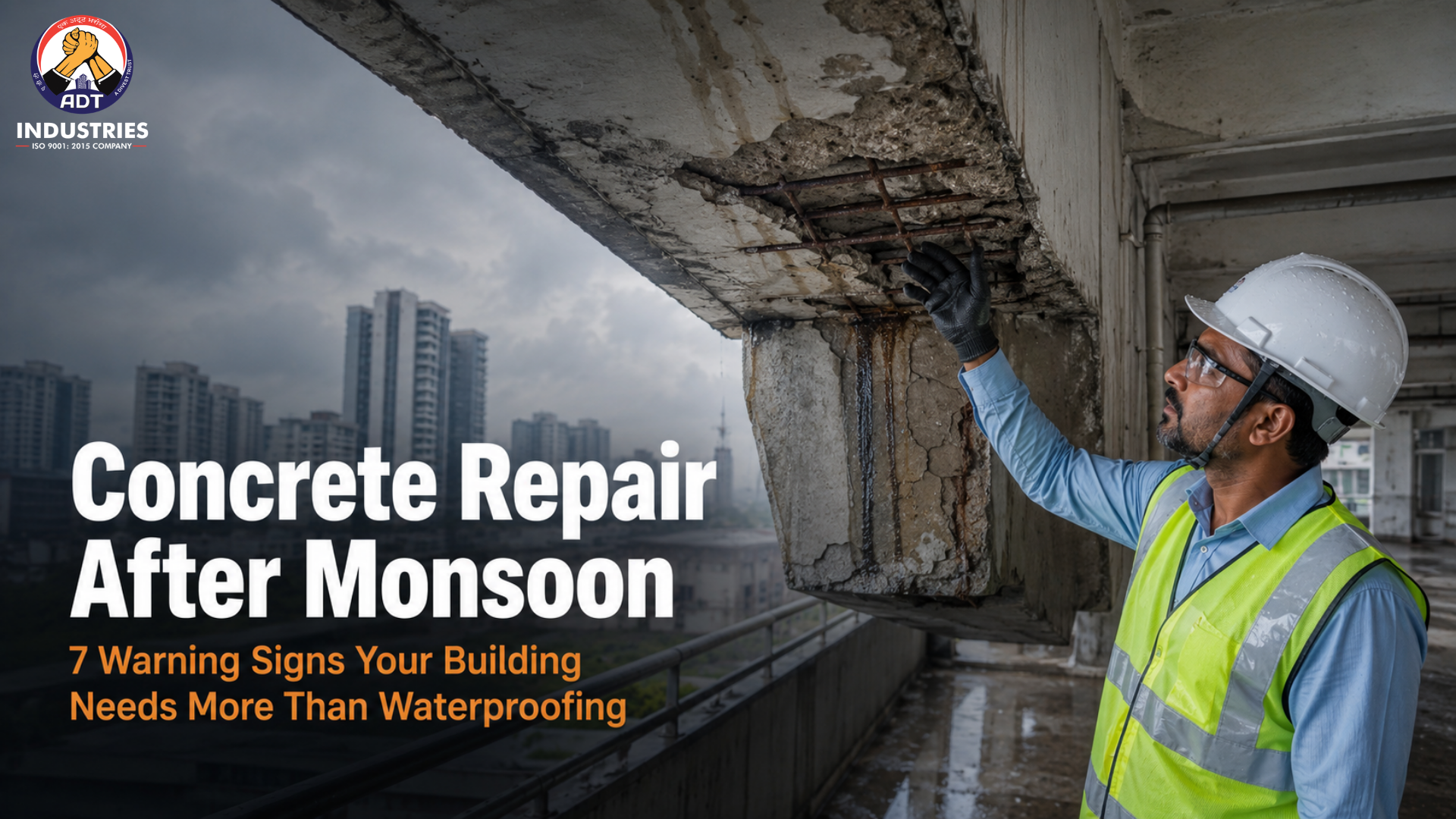 Engineer inspecting concrete spalling on a building structure after monsoon — concrete repair after monsoon warning signs India