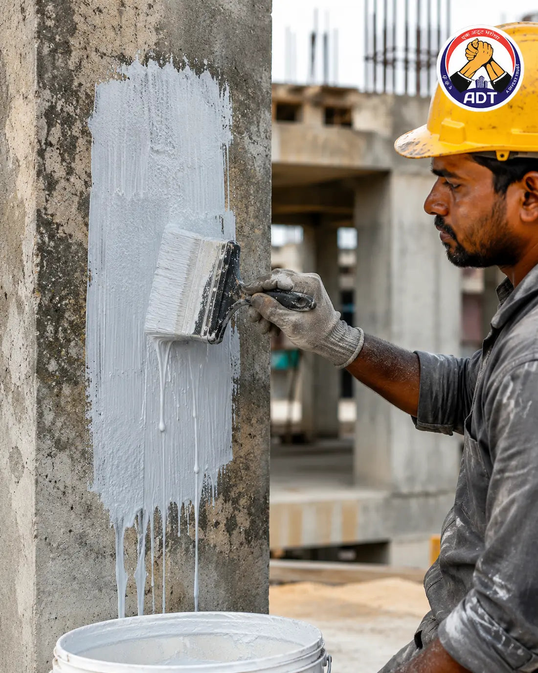 Construction worker applying polymer bonding agent slurry on weathered concrete column — professional-grade bonding chemical application India