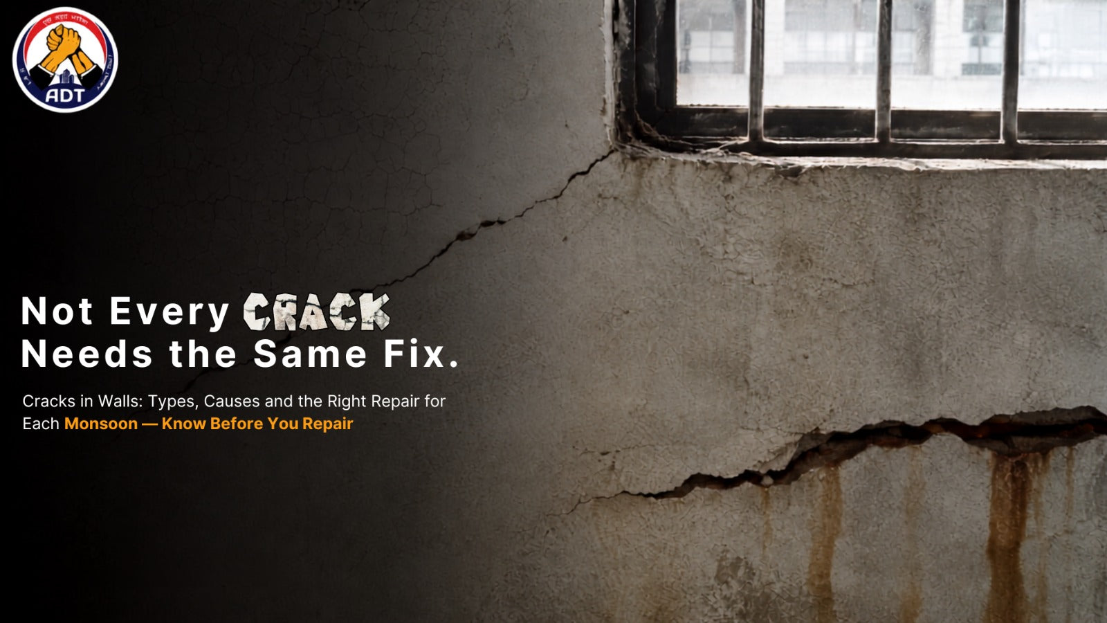 Cracked wall with water staining and rust marks — blog on types of wall cracks, causes and crack filler repair guide by ADT Industries