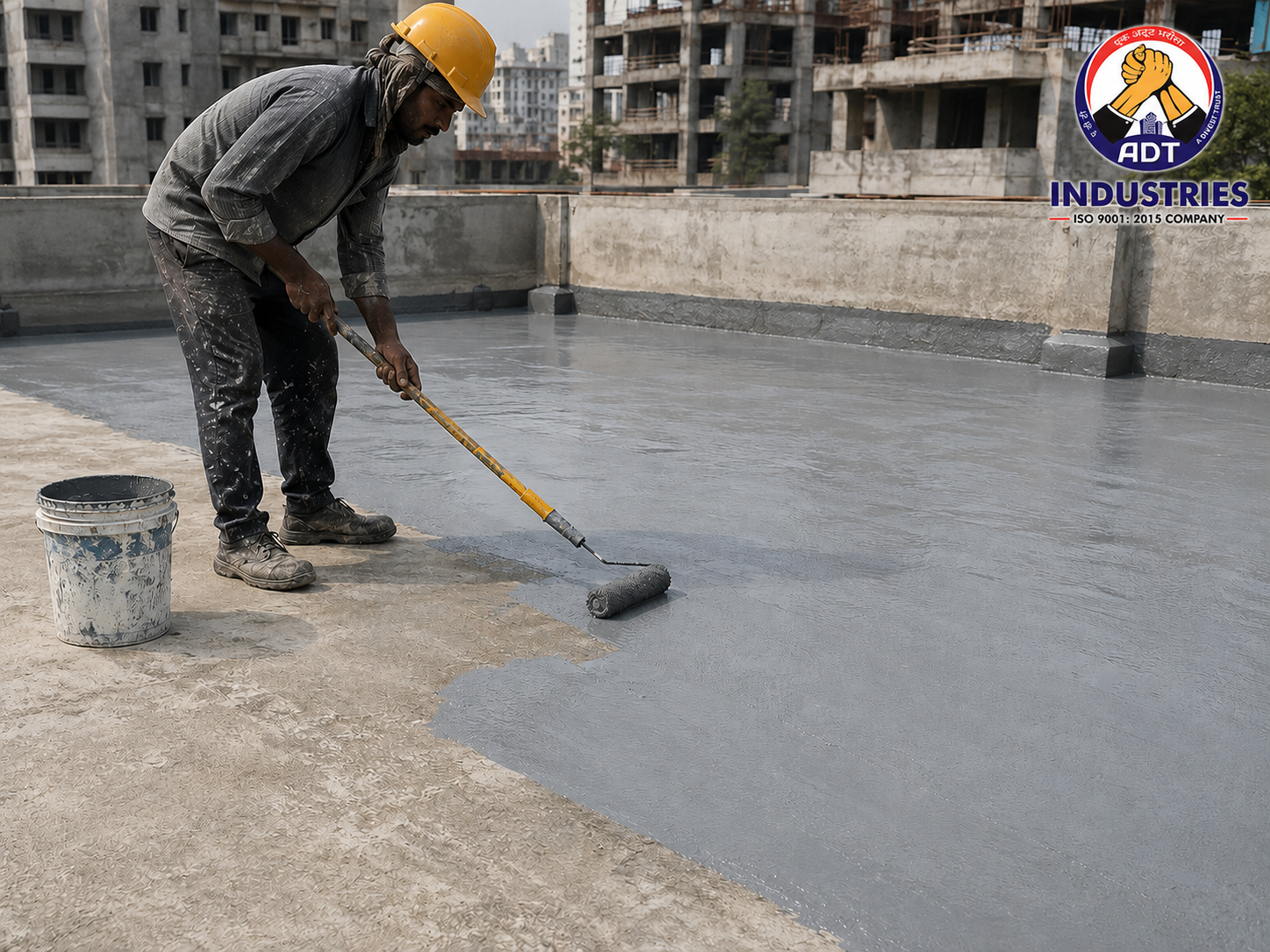 Construction worker applying waterproofing coating on concrete roof terrace slab — ADT Industries India