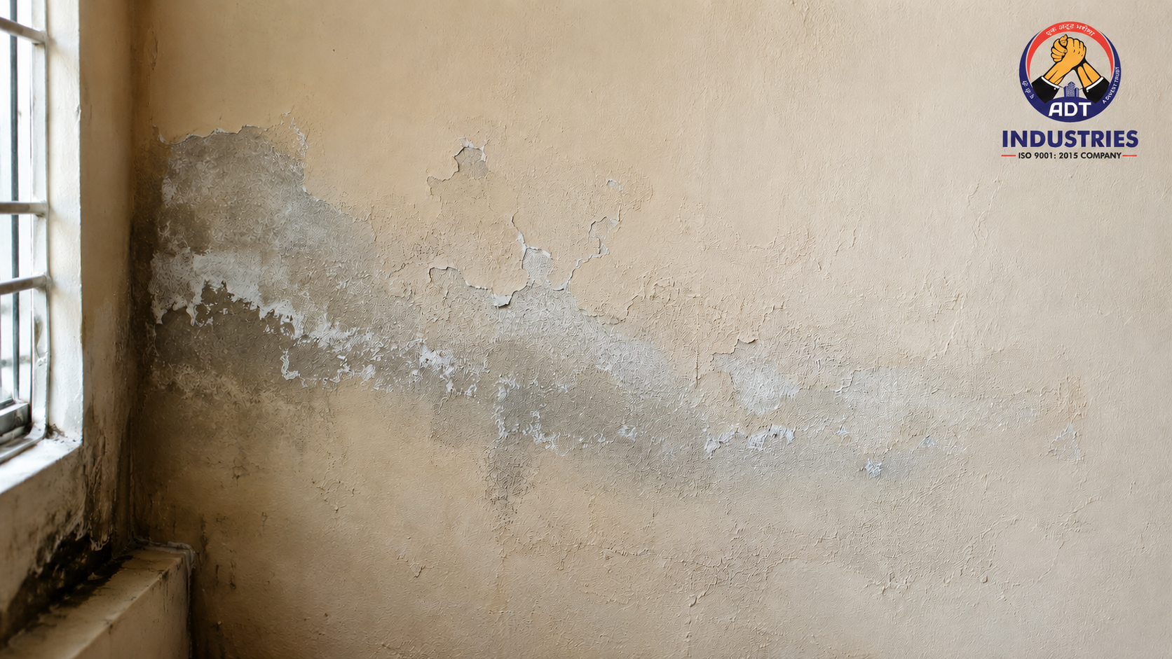 Wall seepage and water damage on interior plaster wall near window - waterproofing treatment guide by ADT Industries