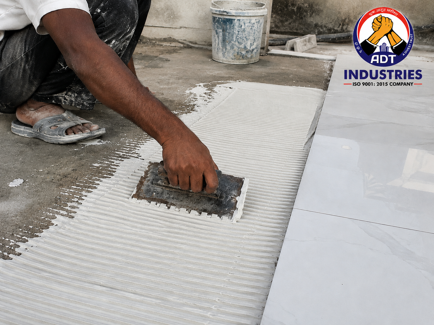Construction worker applying white tile adhesive with notched trowel for large format floor tile installation — ADT Industries India