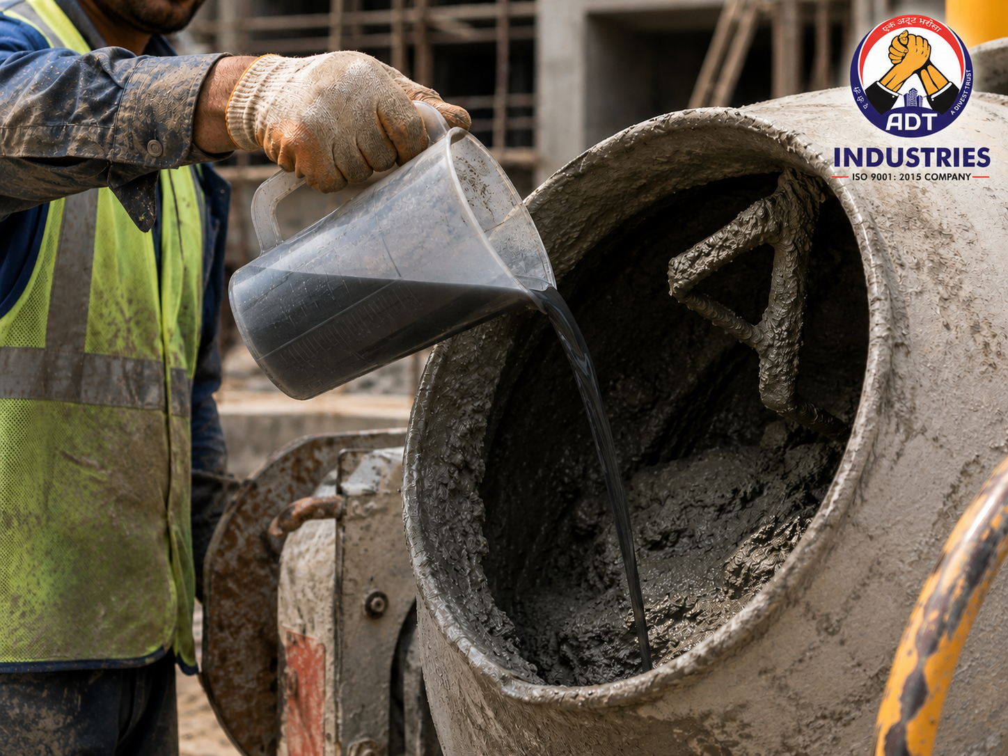 Construction worker pouring liquid chemical admixture into concrete mixer at construction site — ADT Industries India