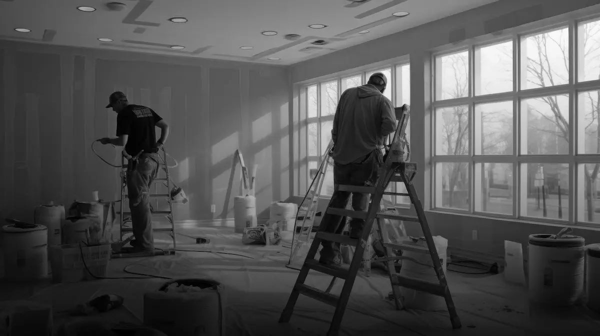 Workers applying ADT Industries repair and renovation construction chemicals — waterproofing solutions for interior surfaces