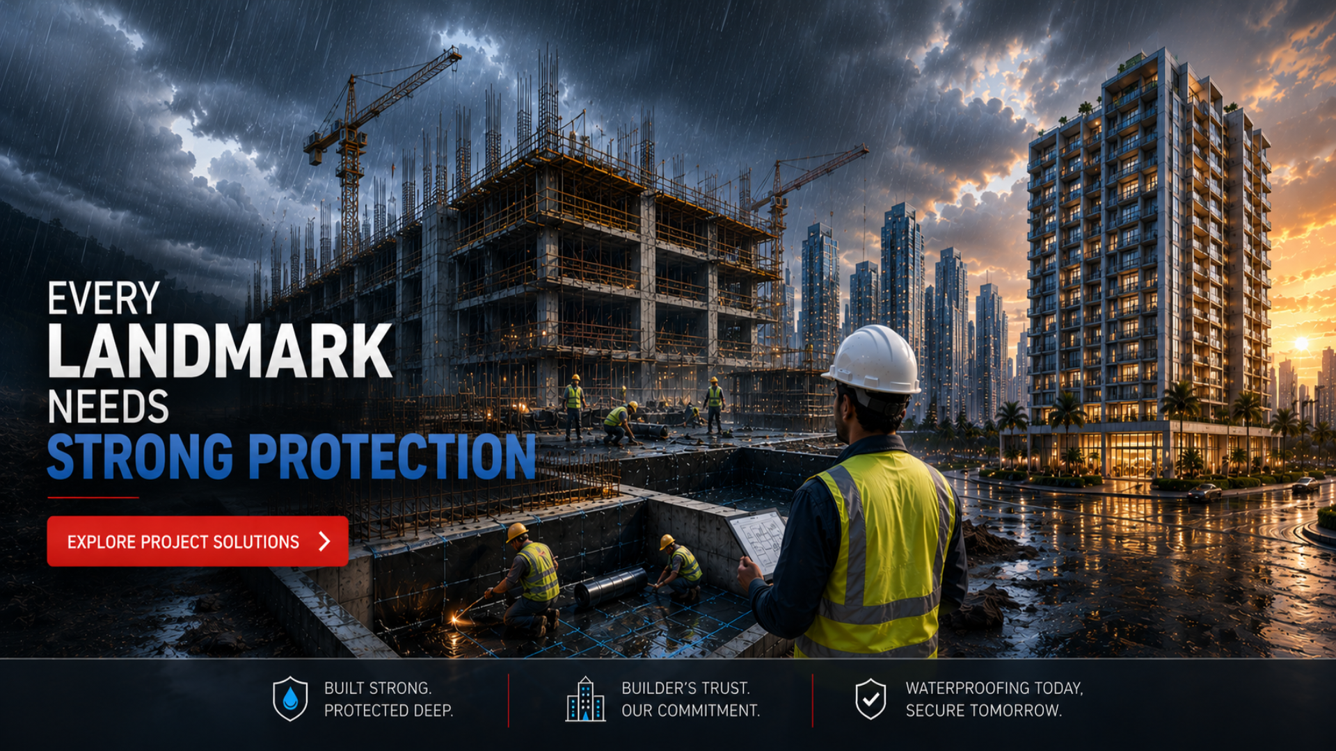 ADT Industries construction chemical solutions — builders and waterproofing contractors applying roof waterproofing for landmark structures across India

