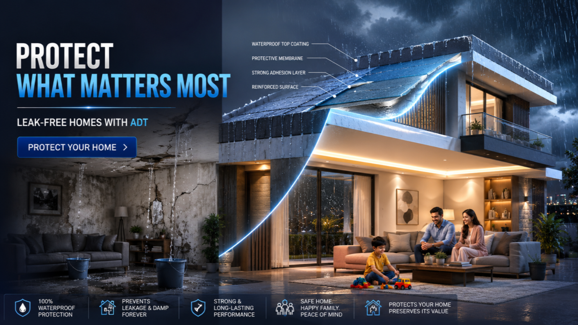 ADT Industries waterproofing chemicals — leak-free home protection with roof waterproofing solution preventing wall seepage and dampness

