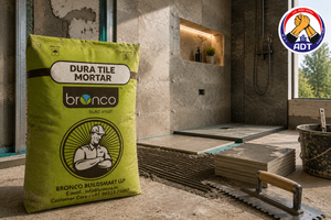 Bronco Duratile Mortar non-shrink adhesive spread on a concrete floor