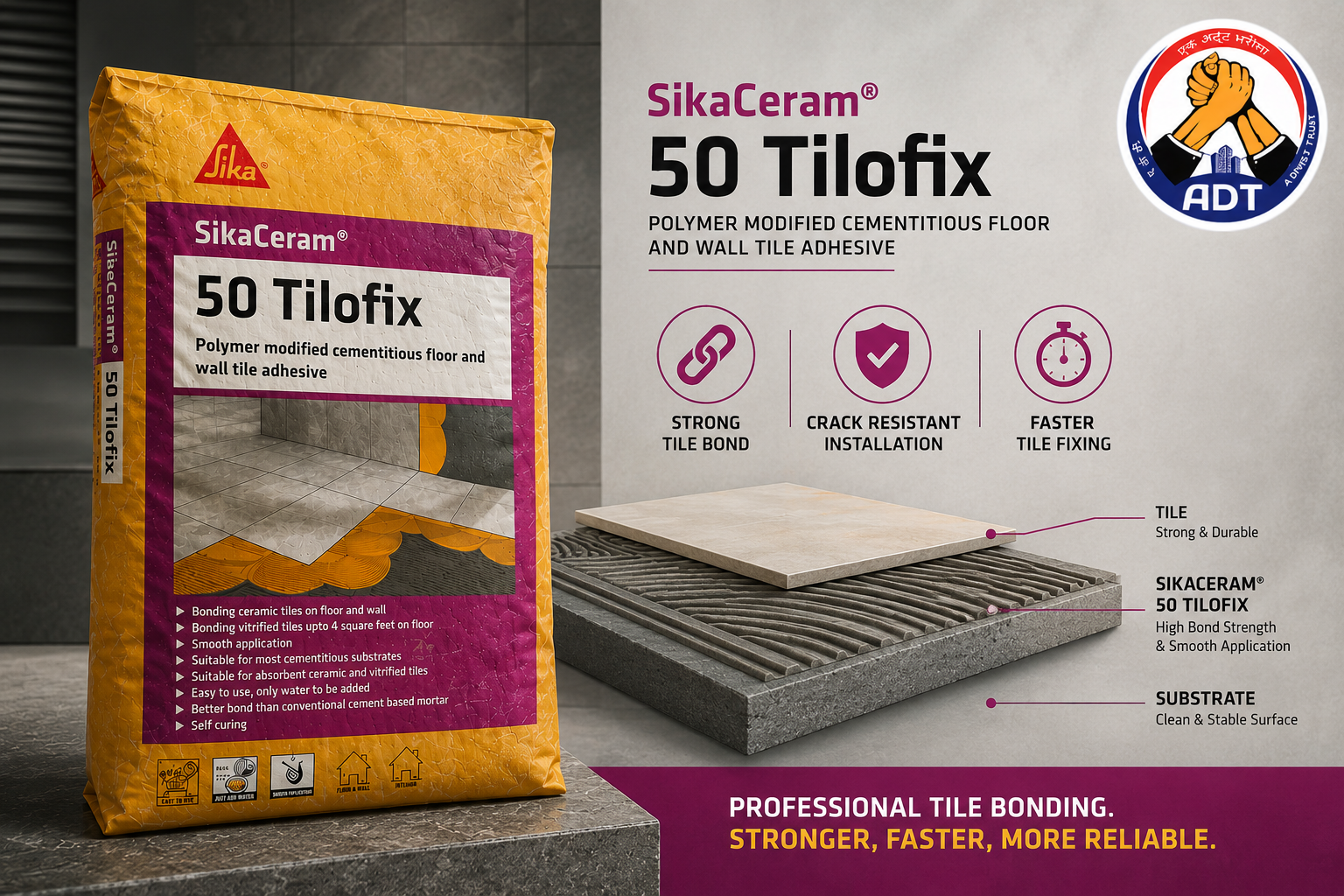 Sikaceram-50 Tilofix cementitious tile adhesive bag from Sika India