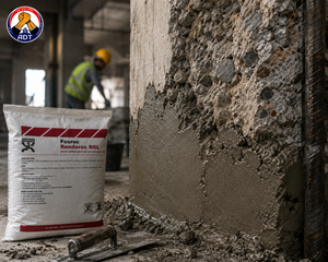 Flowing repair micro concrete FOSROC RENDEROC RGL being poured into formwork around damaged concrete column — large section restoration India
