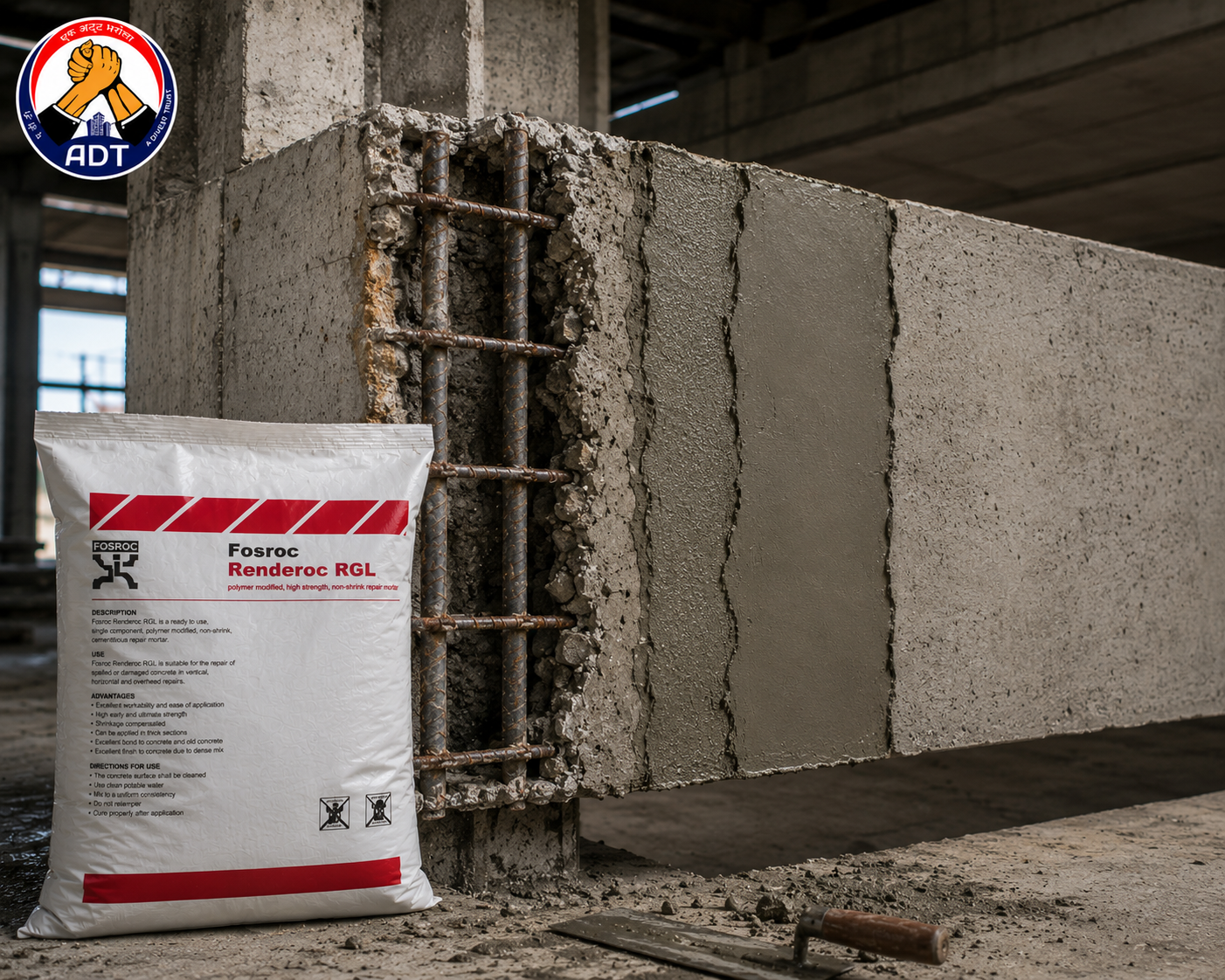 FOSROC RENDEROC RGL product close-up — flowing repair micro concrete large section structural restoration specifications India
