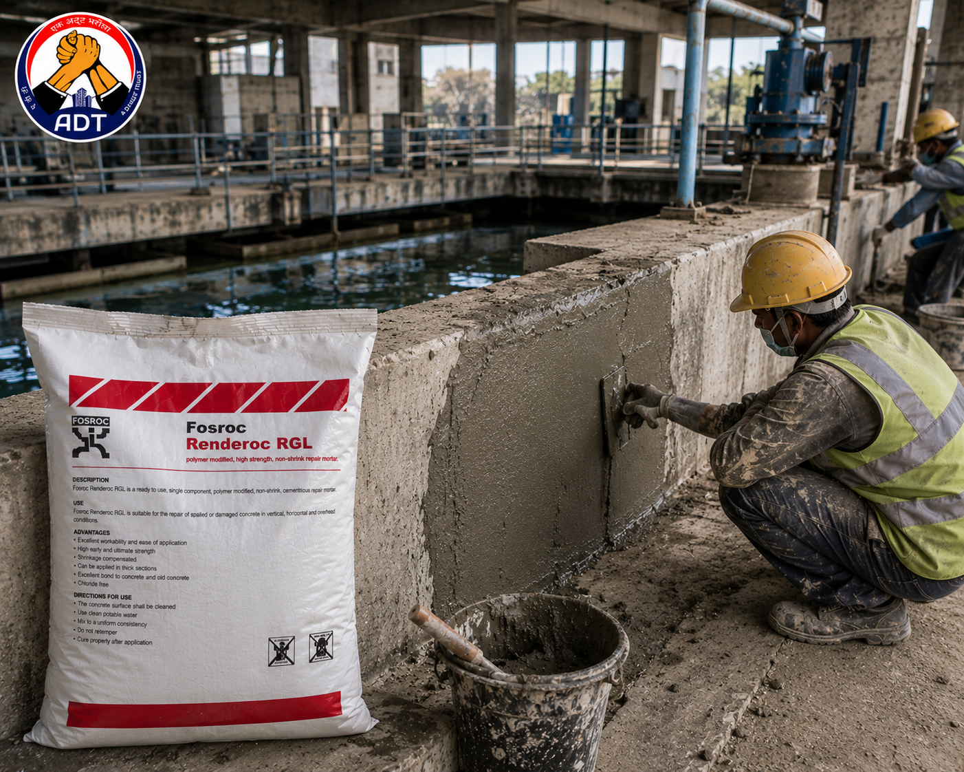 FOSROC RENDEROC RGL construction chemical — flowing repair micro concrete large section formed pour structural concrete restoration India

