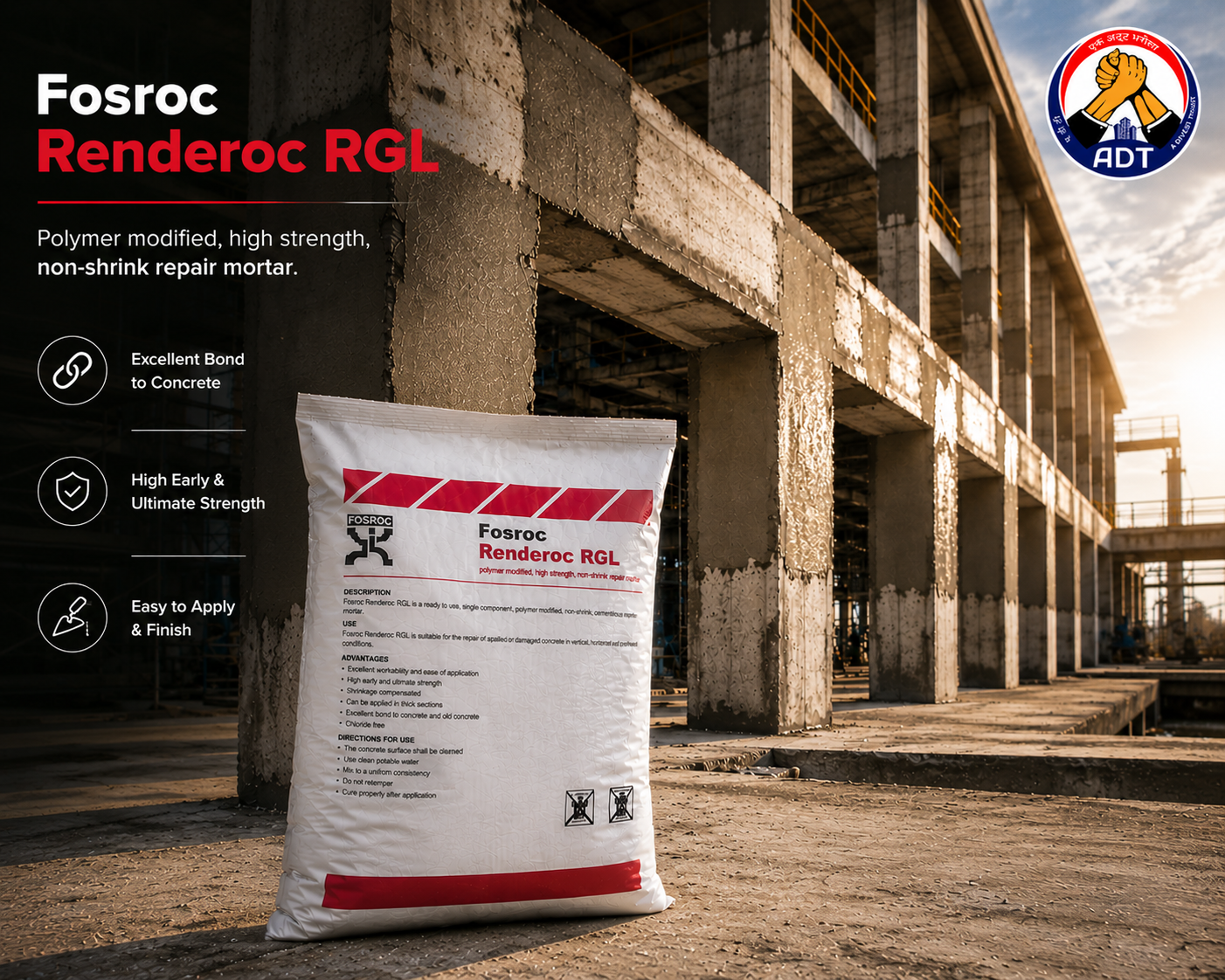 FOSROC RENDEROC RGL flowing repair micro concrete — large section structural concrete restoration formed pour void-free fill India
