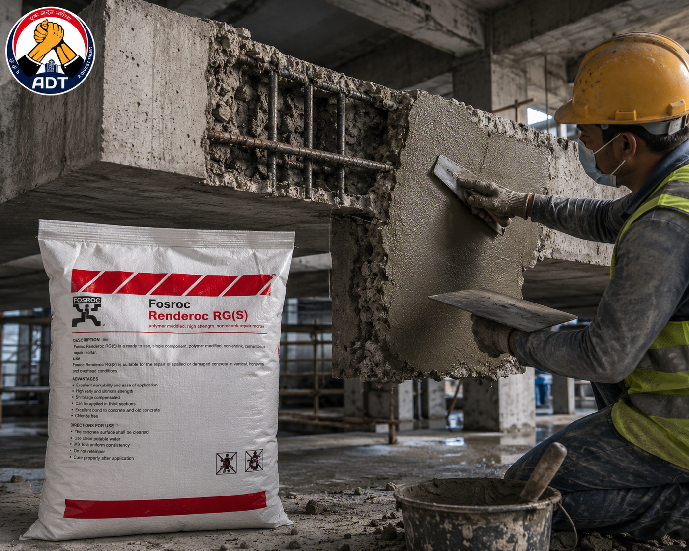 FOSROC RENDEROC RGS stiff repair micro concrete — vertical overhead structural concrete repair non-sag application India
