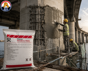 Stiff repair micro concrete FOSROC RENDEROC RGS being applied to vertical concrete column face — non-sag structural repair India
